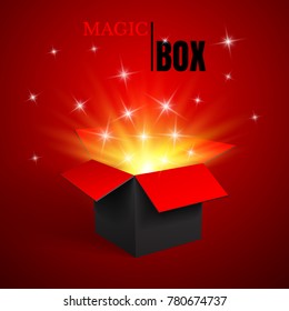 Magic Open box, black and red, vector.