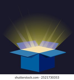 Caixa aberta mágica da qual a luz flui. Ilustração vetorial