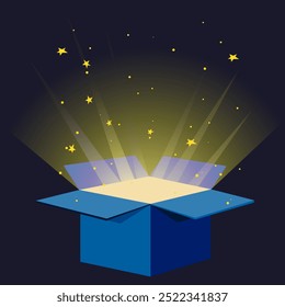 Caja abierta mágica de la que fluye la luz y las estrellas. Ilustración vectorial