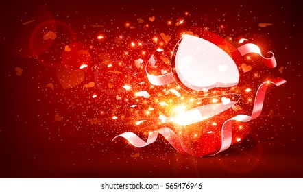 Magic open gift with hearts on red background. Vector illustration