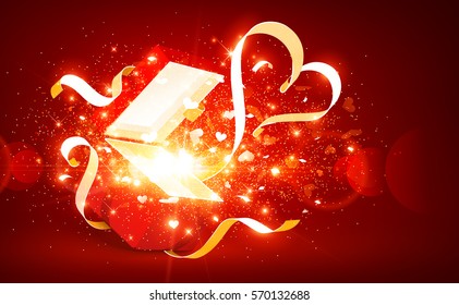 Magic open gift with hearts on red background. Vector illustration