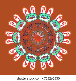 Magic orange, white and green holiday abstract background with star and falling snowflakes. Christmas orange, white and greens. Vector illustration.