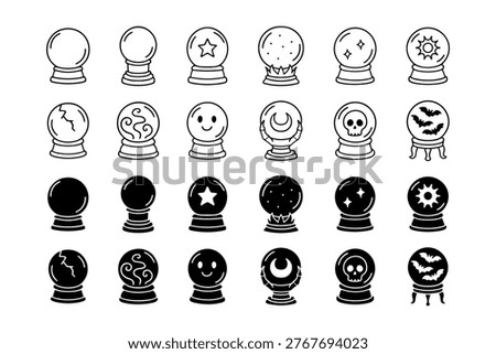 Magic orb outline icon set. Crystal ball element silhouette collection. Fortune ball, Divination sphere, Mystical globe, Astrology, Halloween, Fortune telling. Vector illustration