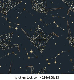 Magic origami flying in the dark sky. Seamless vector pattern with paper birds, stars and constellations. Universe collection. 