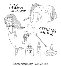 Magic outline design elements: unicorn, mermaid, hat, bottles, magic wand. Vector illustration.