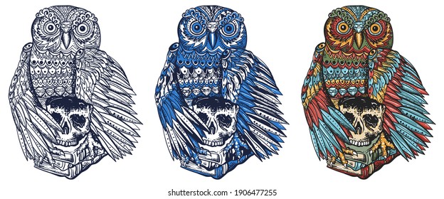 Magic owl bird portrait and stack of books. Education concept. Old school tattoo vector art. Hand drawn cartoon character set. Isolated on white. Traditional tattooing style 
