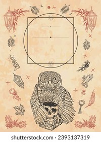 Magic owl bird portrait and stack of books. Education concept. Old paper vector. Cover page template