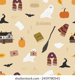Magic owl. Cute cartoon seamless pattern. Autumn season. Fairy tale and magic. Vector