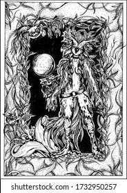 Magic owl with fluffy large ears and tail, with feathers and leaves on body, long thick braids and powerful clawed paws, with small owl on hand, in night forest in surrounded by vegetation and birds.