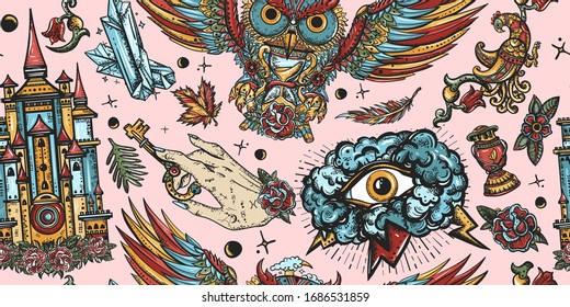 Magic owl, holy grail, all seeing eye and sacred alchemy hands. Gothic fairy tale art. Medieval seamless pattern. Middle ages background 