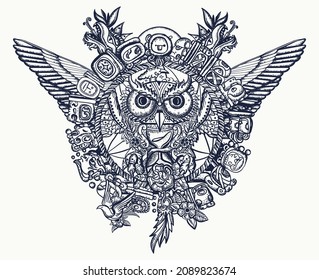 Magic Owl And Mayan Elements Old School Tattoo And T-shirt Design. Mesoamerican Mexico Mythology And Culture. Tribal Totem And Ancient Glyphs