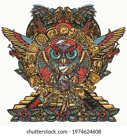 Magic Owl And Mayan Pyramids Old School Tattoo And T-shirt Design. Chichen Itzá. Mesoamerican Mexico Mythology And Culture. Tribal Totem And Ancient Glyphs 