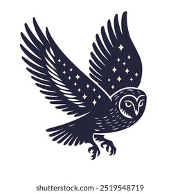 Magic owl with stars. Fantasy celestial barn owl. Vector illustration.