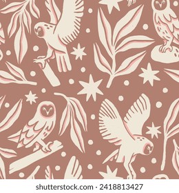 Magic owls pink and brown seamless pattern with stars and plants