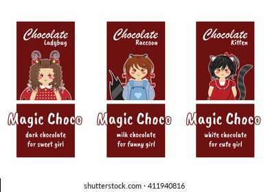 Magic package for chocolate bar: box, logo, emblem, packaging, wrapping. Forest girls for different taste: ladybug for dark, raccoon for milk, kitten for white. Lovely, flat cartoon design. 
