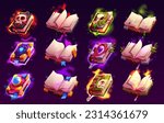 Magic paper book game icon cartoon vector design. Isolated fantasy witchcraft spell medieval handbook with glow. Fairy ui medieval legend with mystic gemstone and herb on cover library props set.