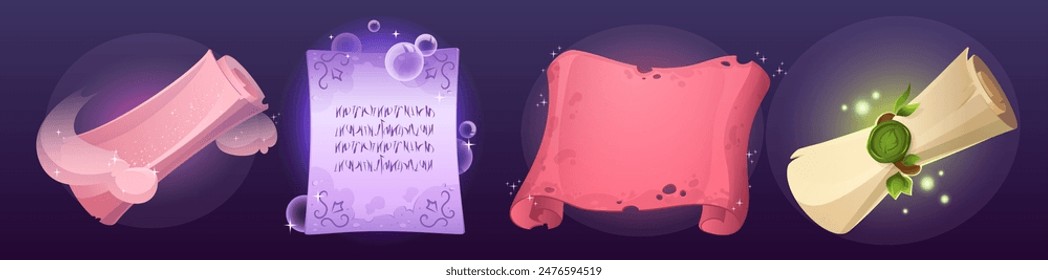 Magic parchment scrolls set isolated on background. Vector cartoon illustration of rolled old paper sheets with text and blank surface glowing in clouds of shimmering smoke and bubbles, vintage letter