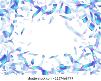 Magic party confetti scatter vector illustration. Blue  hologram elements new year vector. Cracker poppers falling confetti. Prize event decoration background. Casino win.