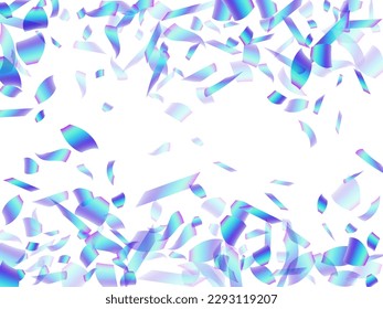 Magic party confetti scatter vector illustration. Blue  hologram elements new year decor. Surprise burst flying confetti. Holiday celebration decor background. Joy particles.