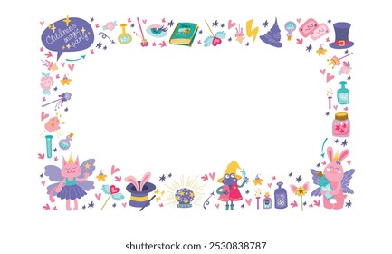 Magic party frame horizontal banner on white background. Frame with farytaile cat, rabbit and frog. Hand drawn set of magic animals and elements. Vector illustration cartoon style.
