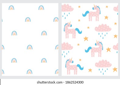 Magic Party Seamless Vector Patterns. Cute Rainbows, Pink Unicorns and Fluffy Clouds Isolated on a White Background. Lovely Nursery Fabric. Rainbow Print.