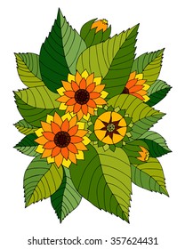 Magic  pattern with abstract sunflowers and leaves. Bohemian background. Vector backdrop. Summer template. 