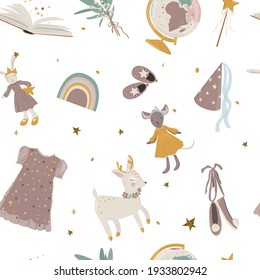 Magic pattern with baby clothes, accessories, cute toys. Ideal for a clothing store. Vector, cartoon illustration.
