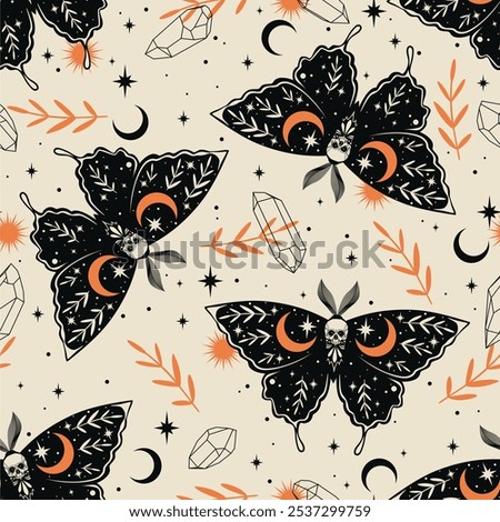 Magic pattern with butterflies and crystals. For Halloween. Black moth and skulls. For cards, invitations, T-shirts and more.