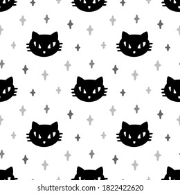Magic pattern with cat and stars. Beautiful fabric print. It can be used for packaging, wrapping paper, textile, home decor etc. Graphic vector illustration.