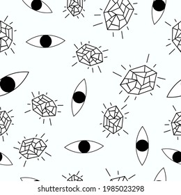 patrón mágico de cristales y ojos. Patrón sin fisuras del vector dibujado a mano con elementos étnicos mágicos, ojos, minerales.