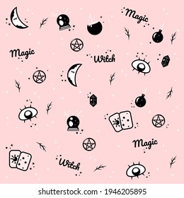 Magic pattern with eyes, potion, tarot, moon and magic ball on a pink background.
