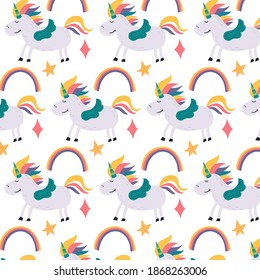 El arcoiris y el unicornio son patrones mágicos. Papel tapizado para niños con decoración de guardería. Ilustración moderna sin fisuras del vector plano