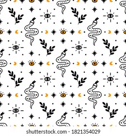 Patrón mágico con serpientes, hierbas, estrellas, lunas, ojos abiertos. Hermosa impresión de tela. Se puede usar para empaque, papel envolvente, textil, decoración doméstica, etc. Ilustración gráfica vectorial.