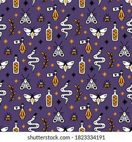 Magic pattern with snakes, herbs, stars, moth, bugs, potion in bottles. Beautiful fabric print. It can be used for packaging, wrapping paper, textile, home decor etc. Graphic vector illustration.