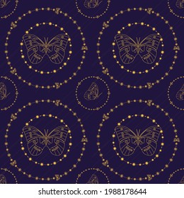 Magic pattern, tarot cards, boho design. the beginning of the life of a butterfly with the sun surrounded by stars on a dark blue background. The concept of the relationship of all living organisms. 