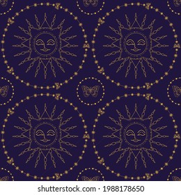 Magic pattern, tarot cards, boho design. the beginning of the life of a butterfly with the sun surrounded by stars on a dark blue background. The concept of the relationship of all living organisms. 