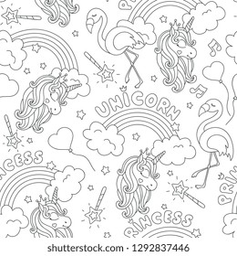 Magic pattern with unicorn and flamingo. Black and white abstract outline seamless pattern. Fashion illustration drawing in modern style for clothes.