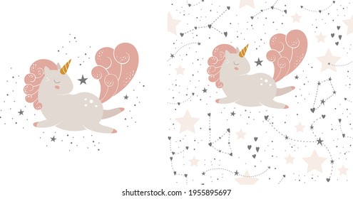 Magic pattern with a unicorn flying among stars