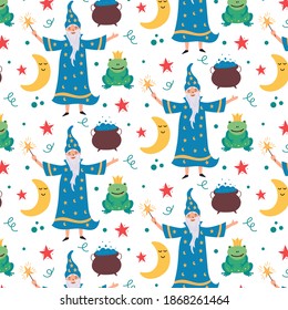 Magic pattern wizard toad moon potion. Children's wallpaper for nursery decor. Modern flat vector seamless illustration