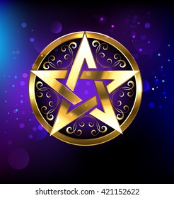 Magic pentagram glowing in gold on space background.