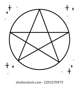 Magic pentagram surrounded by stars. Doodle vector illustration, clipart.