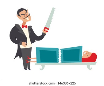 Magic performance vector illustration. Magician and assistant young woman on magic trick box cutting cartoon hand drawn icon isolated on white background