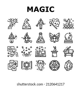 Espectáculo Mágico Y Accesorios Iconos Set Vector. Conejo En Sombrero Foco Mágico Ilusionista Y Show, Cristal Y Libro, Tarjeta Y Esfera, Poción Líquida Y Línea De Hadas. Ilustraciones de contorno negro