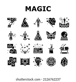 Espectáculo Mágico Y Accesorios Iconos Set Vector. Conejo En Sombrero Foco Y Espectáculo De Magia Ilusionista, Cristal Y Libro, Tarjeta Y Esfera, Pictogramas De Glifos De Poción Líquidos Y Hadas Ilustraciones Negras