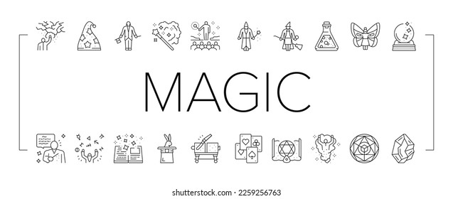 Magic Performing And Accessories Icons Set Vector. Rabbit In Hat Illusionist Magic Focus And Show, Crystal And Book, Card And Sphere, Potion Liquid And Fairy Line. Black Contour Illustrations