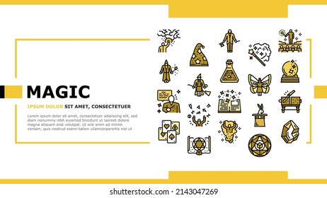 Magia Performance Y Accesorios Landing Vector De Plantilla De Cabecera De Página Web. Conejo En Sombrero Foco Y Espectáculo De Magia Ilusionista, Cristal Y Libro, Tarjeta Y Esfera, Poción De Hadas Líquidas. Ilustración