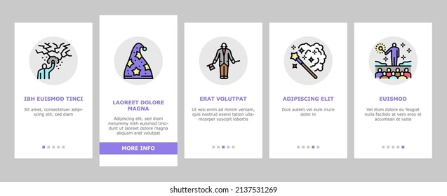 Magia Performance Y Accesorios En El Vector De Pantalla De Aplicaciones Móviles. Conejo En Sombrero Foco Mágico Ilusionista Y Espectáculo, Cristal Y Libro, Tarjeta Y Esfera, Poción Líquida Y Hada. Ilustraciones