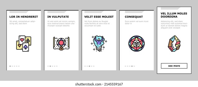 Magia Performance Y Accesorios En El Vector De Pantalla De Aplicaciones Móviles. Conejo En Sombrero Foco Mágico Ilusionista Y Espectáculo, Cristal Y Libro, Tarjeta Y Esfera, Poción Líquida Y Hada. Ilustraciones