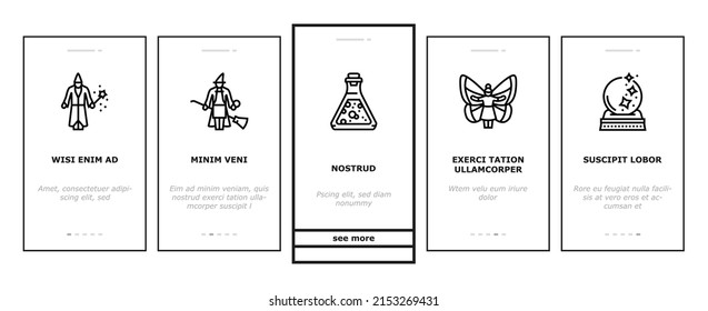 Magic Performing And Accessories Onboarding Mobile App Page Screen Vector. Rabbit In Hat Illusionist Magic Focus And Show, Crystal And Book, Card And Sphere, Potion Liquid And Fairy . Illustrations