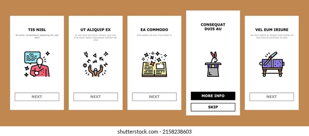 Magic Performing and Accessories Onboarding Mobile App Page Screen Vector. Kaninchen in Hut Illusionist Magic Focus und zeigen, Kristall und Buch, Karte und Kugel, Tränensaft und Fairy . Illustrationen